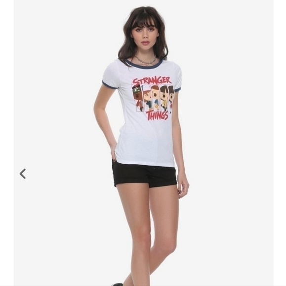 Netflix Tops - NETFLIX Stranger Things Blue White Red Chibi Group Ringer T-Shirt